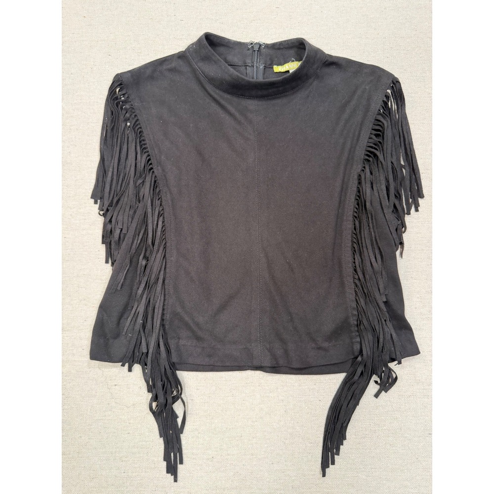 Gianni Bini Black Faux Suede Fringe Mock Neck Sleeveless Top XS Western Boho